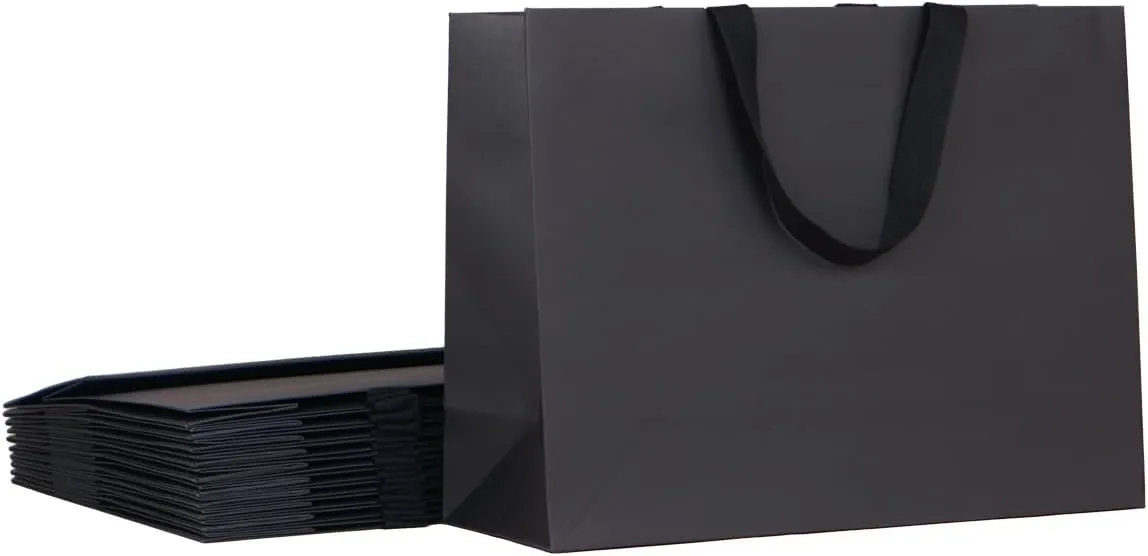 10pcs 15.7x5.5x11.8" (3) Large Size, Black Paper Bags with Black Cotton Handles, Thick Sturdy Durable Gift bags
