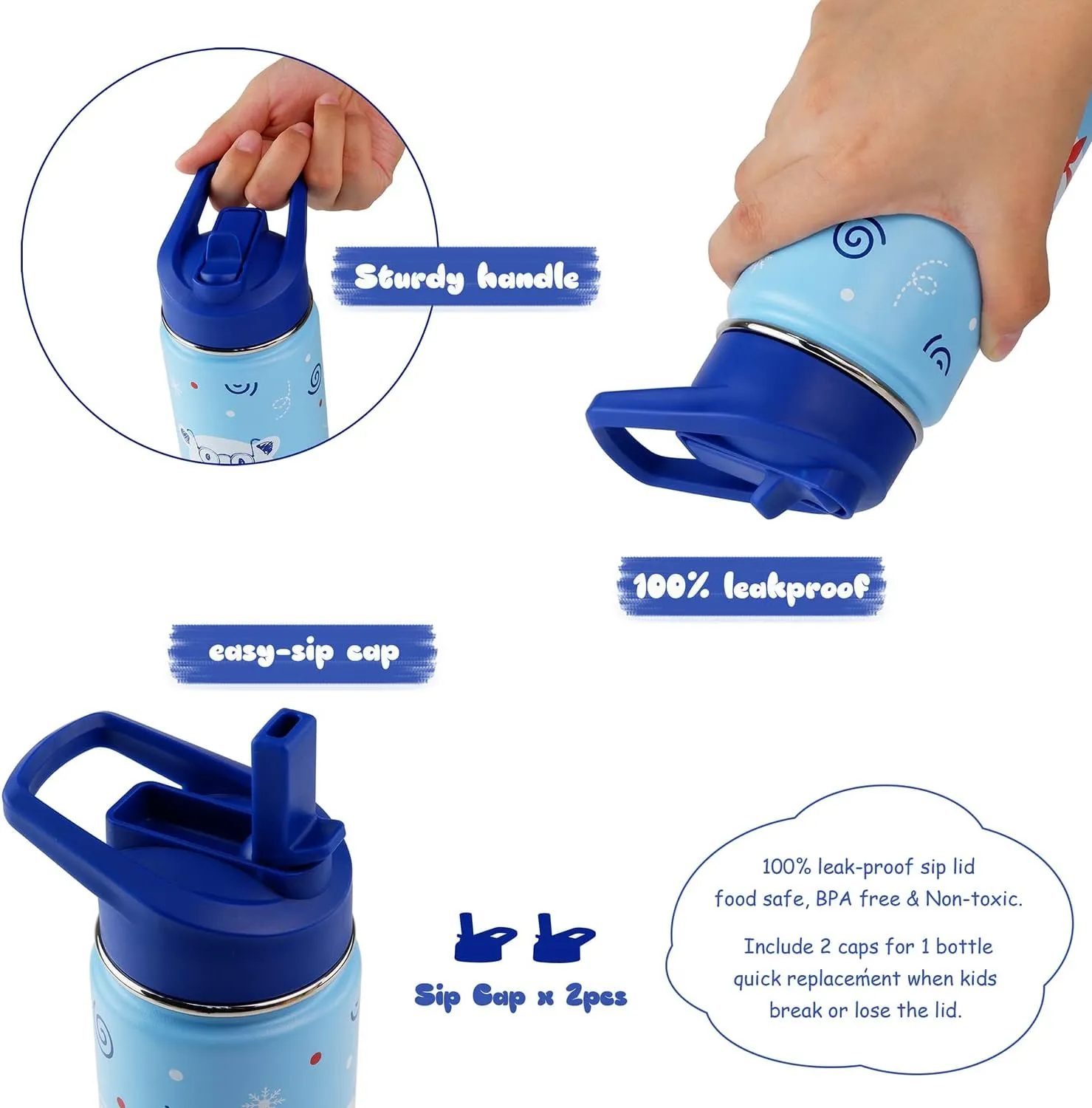 16 oz Stainless Steel Insulated Kids Water Bottle, Leak Proof Metal Thermos Flask with Straw lid, Cute Toddler Tumbler Cup for School Girls & Boys (Blue, Bear)