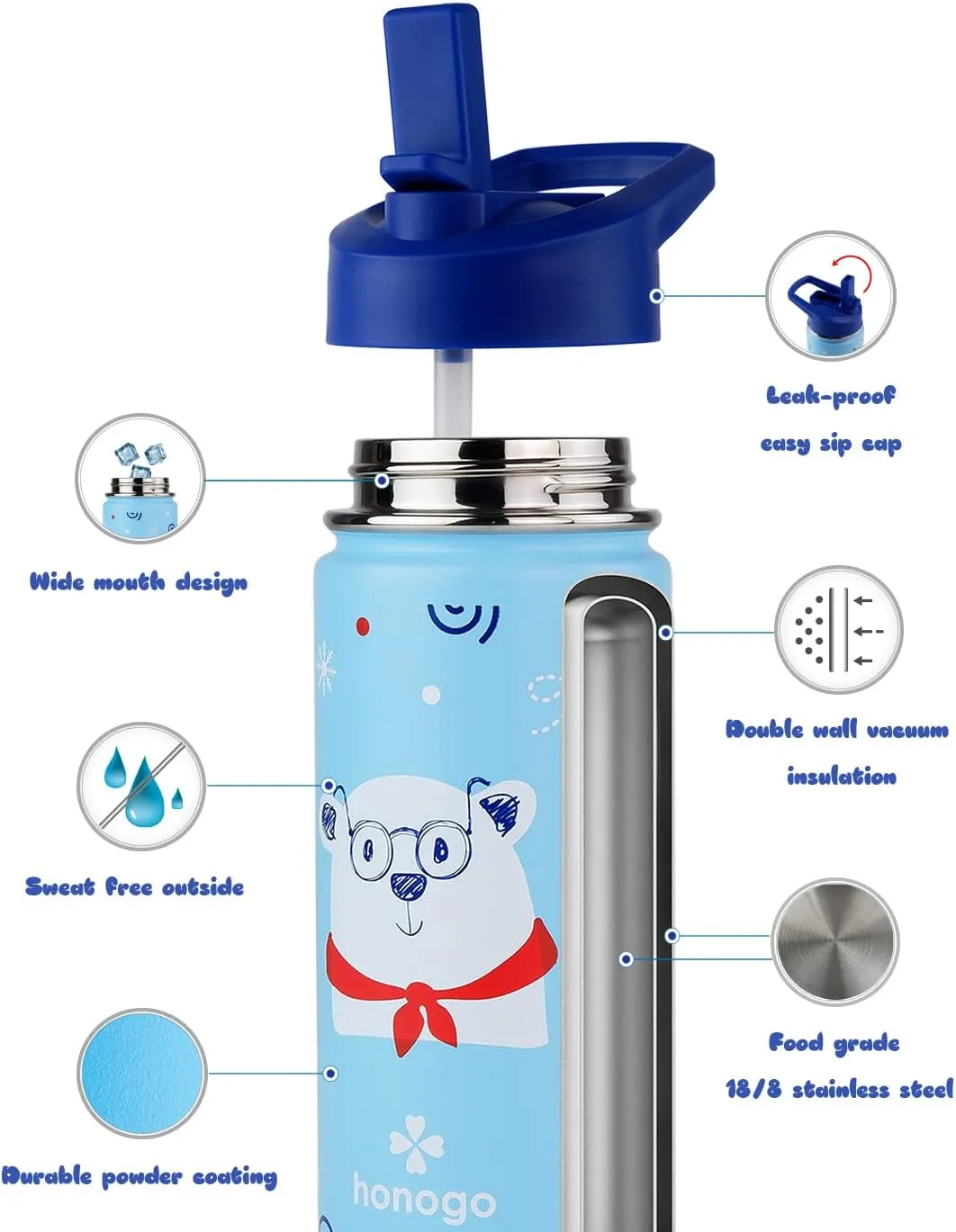 16 oz Stainless Steel Insulated Kids Water Bottle, Leak Proof Metal Thermos Flask with Straw lid, Cute Toddler Tumbler Cup for School Girls & Boys (Blue, Bear)