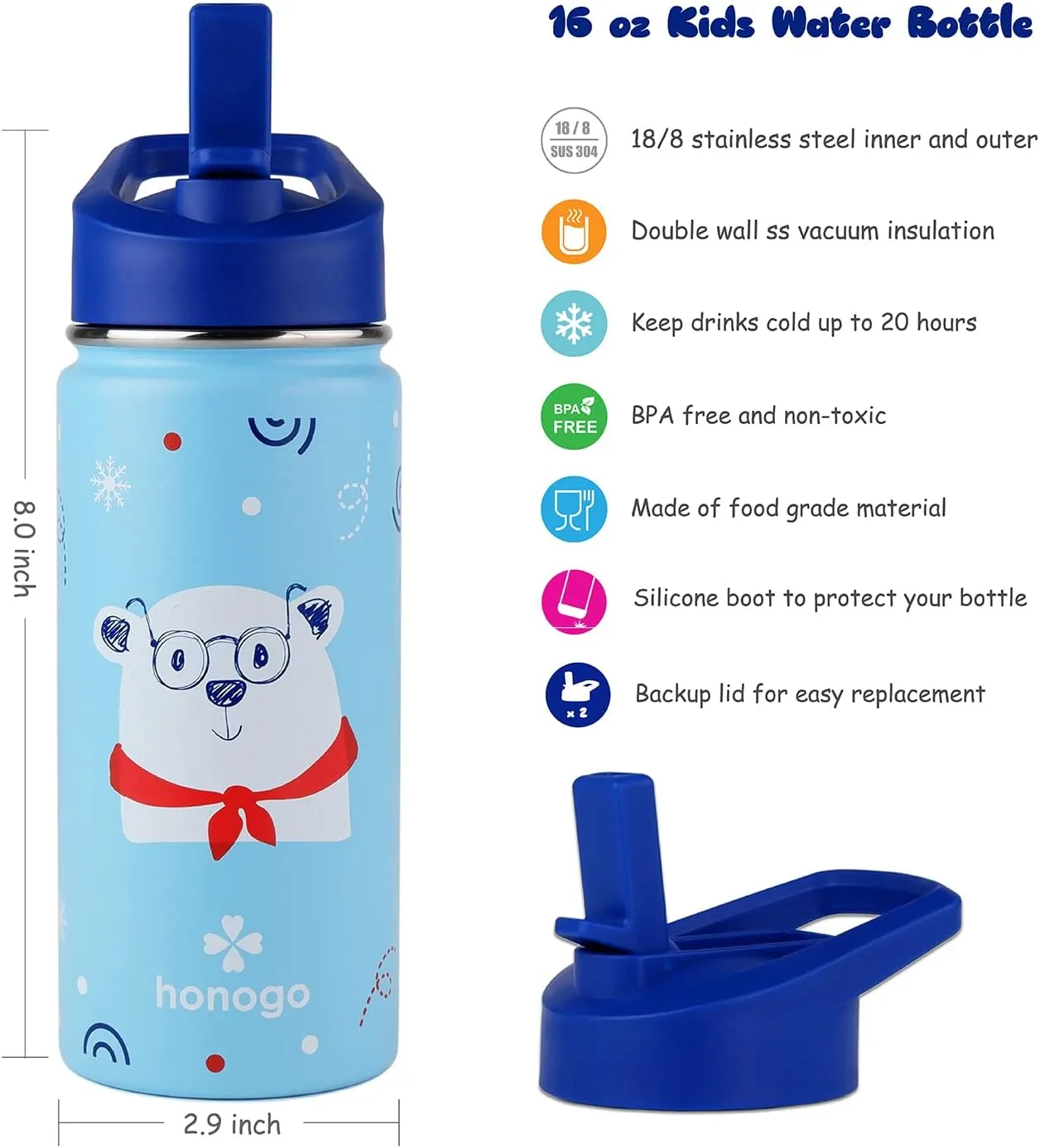16 oz Stainless Steel Insulated Kids Water Bottle, Leak Proof Metal Thermos Flask with Straw lid, Cute Toddler Tumbler Cup for School Girls & Boys (Blue, Bear)