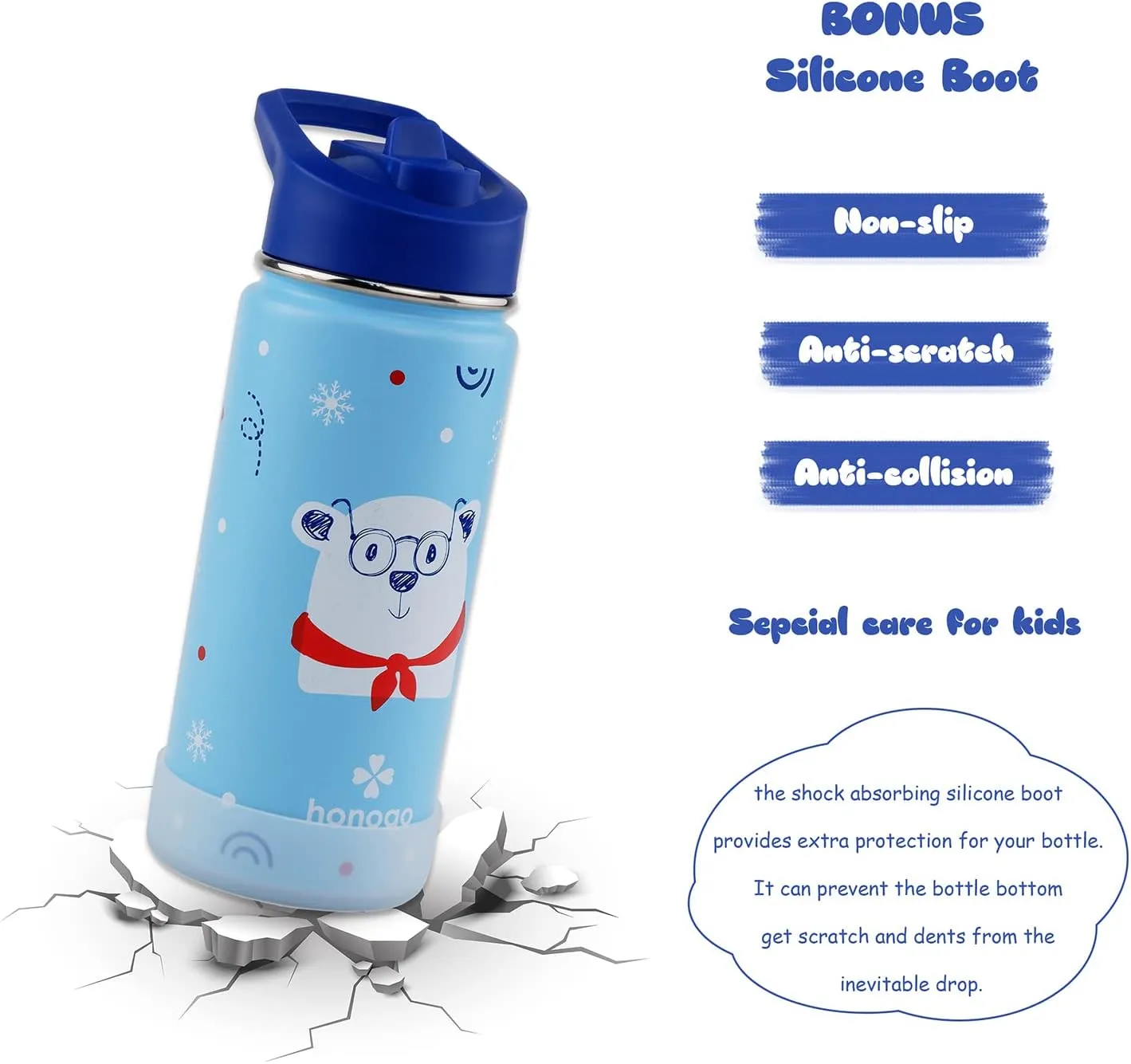 16 oz Stainless Steel Insulated Kids Water Bottle, Leak Proof Metal Thermos Flask with Straw lid, Cute Toddler Tumbler Cup for School Girls & Boys (Blue, Bear)