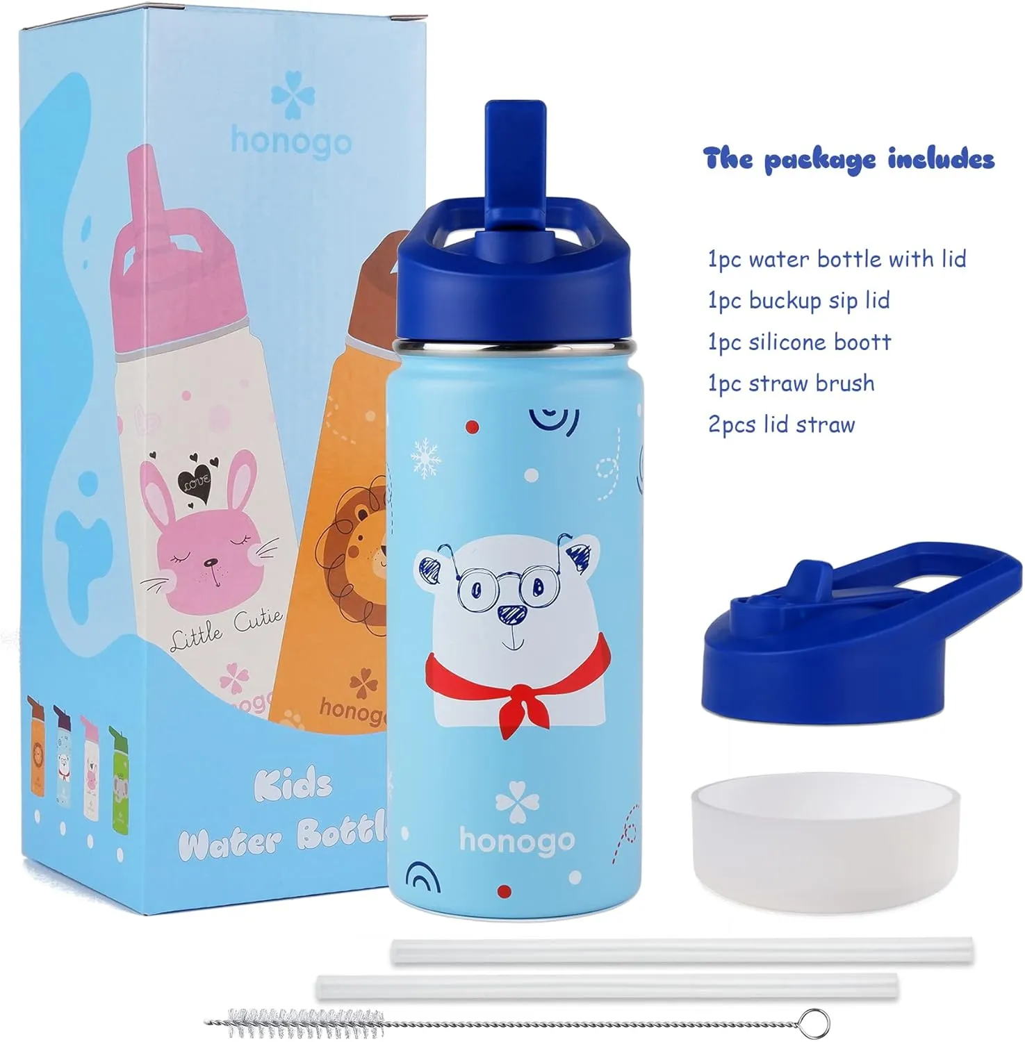 16 oz Stainless Steel Insulated Kids Water Bottle, Leak Proof Metal Thermos Flask with Straw lid, Cute Toddler Tumbler Cup for School Girls & Boys (Blue, Bear)