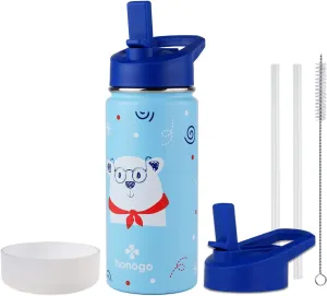 16 oz Stainless Steel Insulated Kids Water Bottle, Leak Proof Metal Thermos Flask with Straw lid, Cute Toddler Tumbler Cup for School Girls & Boys (Blue, Bear)