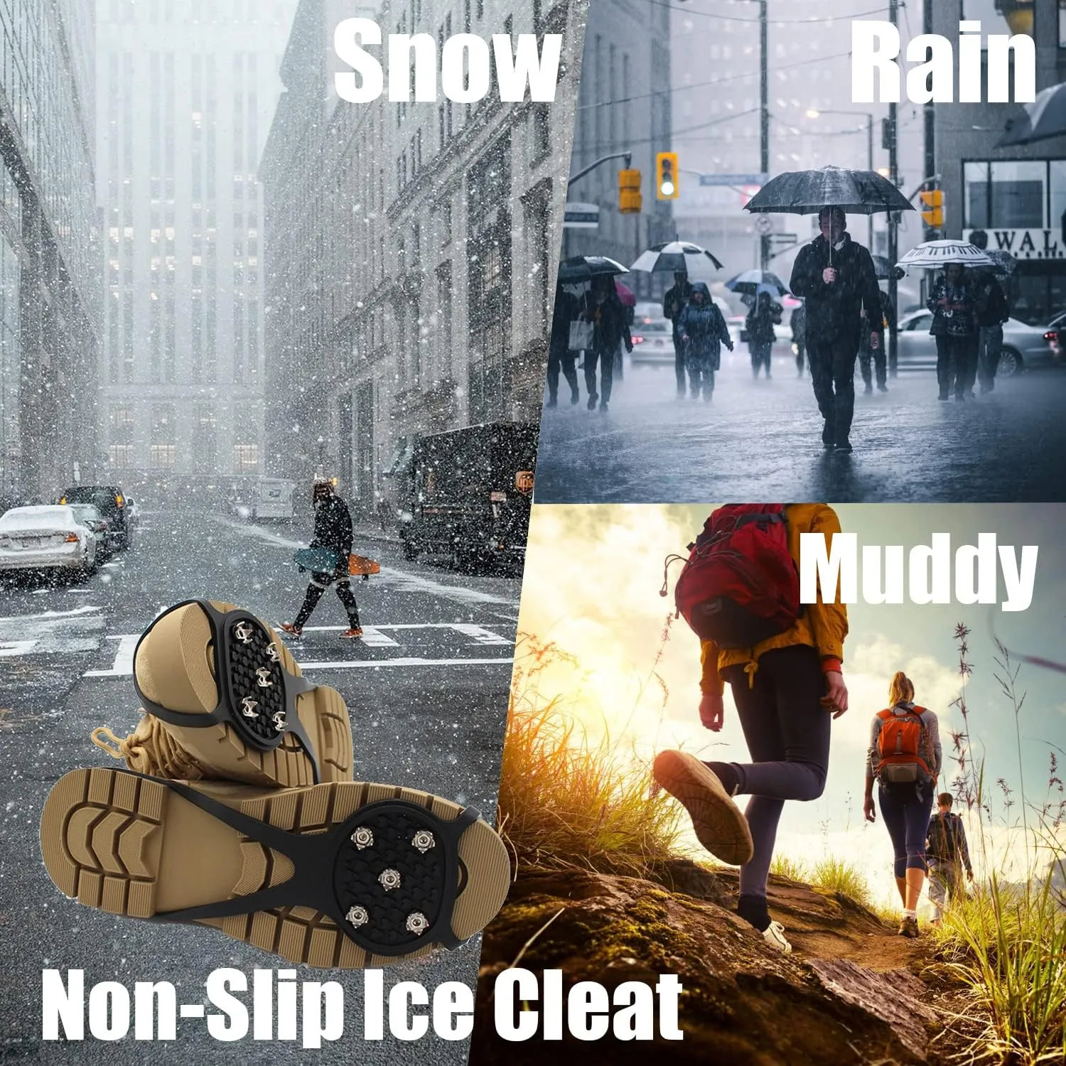 2 Pair Universal Non-Slip Ice Gripper Spikes, Durable Snow Grips for Shoes, Boot, 5 Steel Walk Traction Cleats