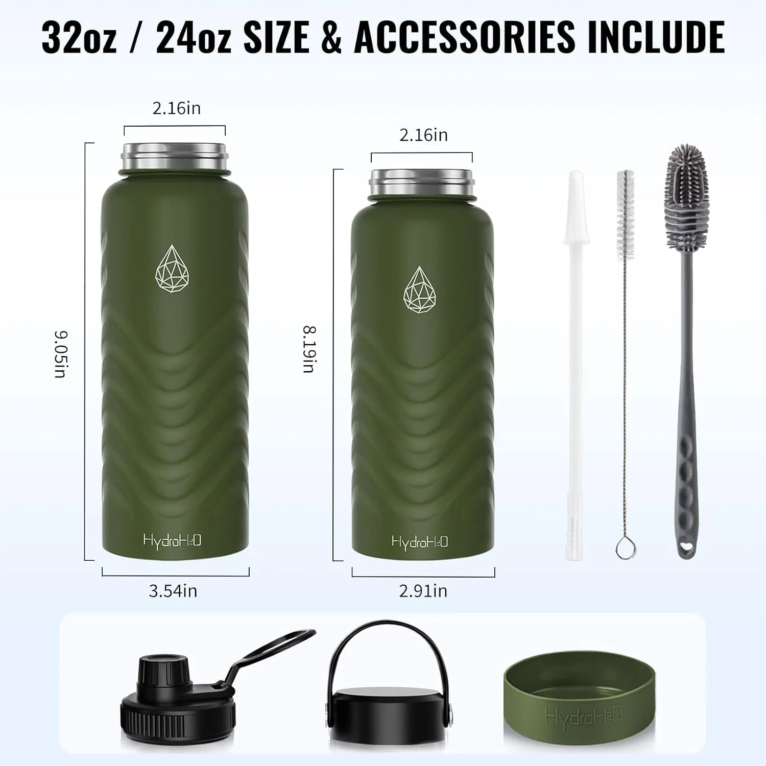 24oz Insulated Water Bottle with Straw–Stainless Steel,Leak-Proof,Wide Mouth, BPA-Free,Silicone Boot & Flex Handle–Sports Flask for Gym,Hiking,Travel–Green