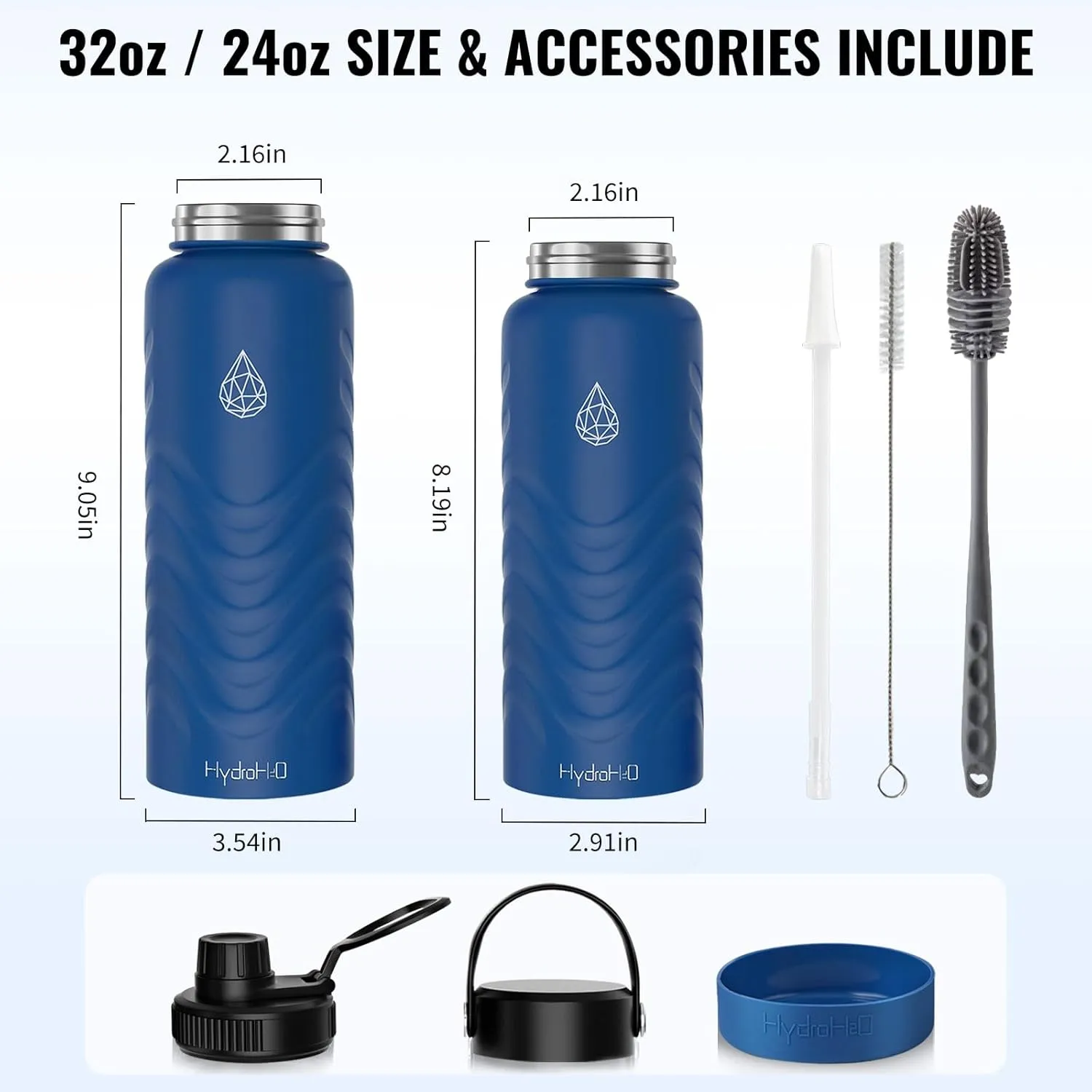 24oz Insulated Water Bottle,Stainless Steel Water Bottle with 2 Lids (Straw and Handle Lid),Fluid Scale,Wide Mouth,BPA-Free,Metal Water Bottles Keep Hot and Cold,Double Walled,Blue