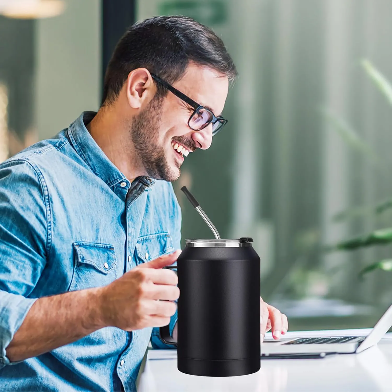 32 oz Insulated Coffee Mug Tumbler - w/ Handle, 2-in-1 Straw & Chug Lid, Silicone Boot, Double Wall Vacuum Insulated Tumblers Cups 32oz, Leak Proof Stainless Steel Water Bottle Work Home Travel Mugs