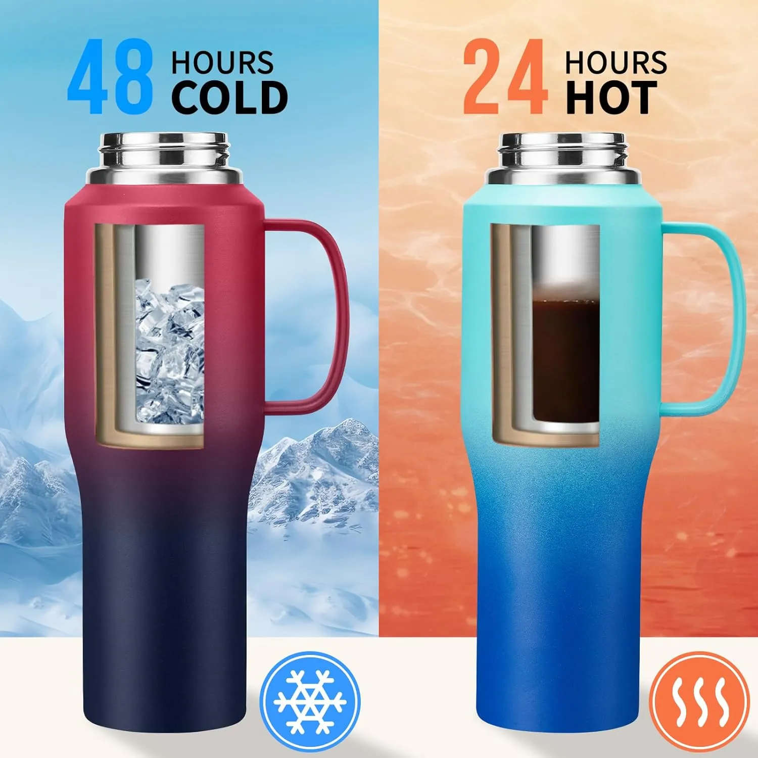 32oz Insulated Water Bottle Tumbler - with Straw & Spout Lid, Strap Carrier Bag, Cold-48H & Hot-24H, Stainless Steel Travel Tumblers with Handle, Reusable Slim Water Bottle that Fits in Cup Holder