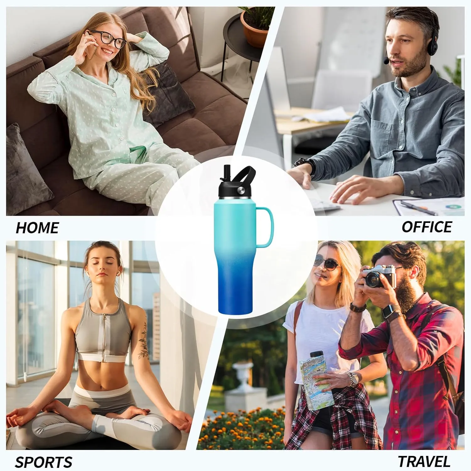 32oz Insulated Water Bottle Tumbler - with Straw & Spout Lid, Strap Carrier Bag, Cold-48H & Hot-24H, Stainless Steel Travel Tumblers with Handle, Reusable Slim Water Bottle that Fits in Cup Holder
