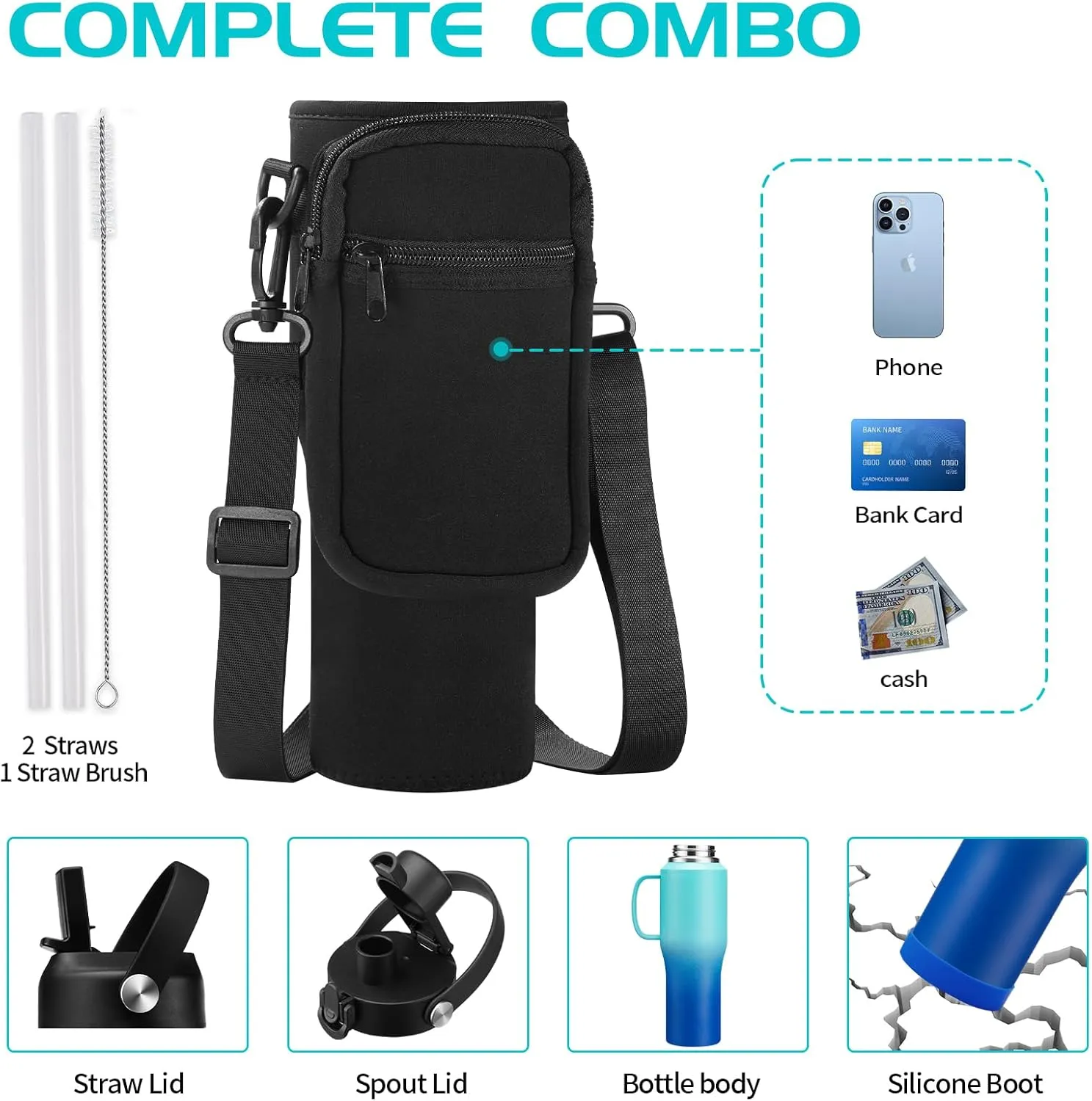32oz Insulated Water Bottle Tumbler - with Straw & Spout Lid, Strap Carrier Bag, Cold-48H & Hot-24H, Stainless Steel Travel Tumblers with Handle, Reusable Slim Water Bottle that Fits in Cup Holder