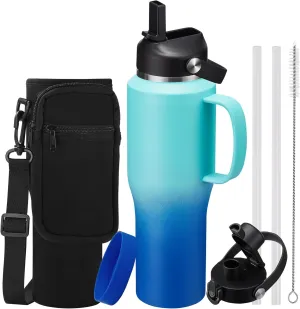 32oz Insulated Water Bottle Tumbler - with Straw & Spout Lid, Strap Carrier Bag, Cold-48H & Hot-24H, Stainless Steel Travel Tumblers with Handle, Reusable Slim Water Bottle that Fits in Cup Holder