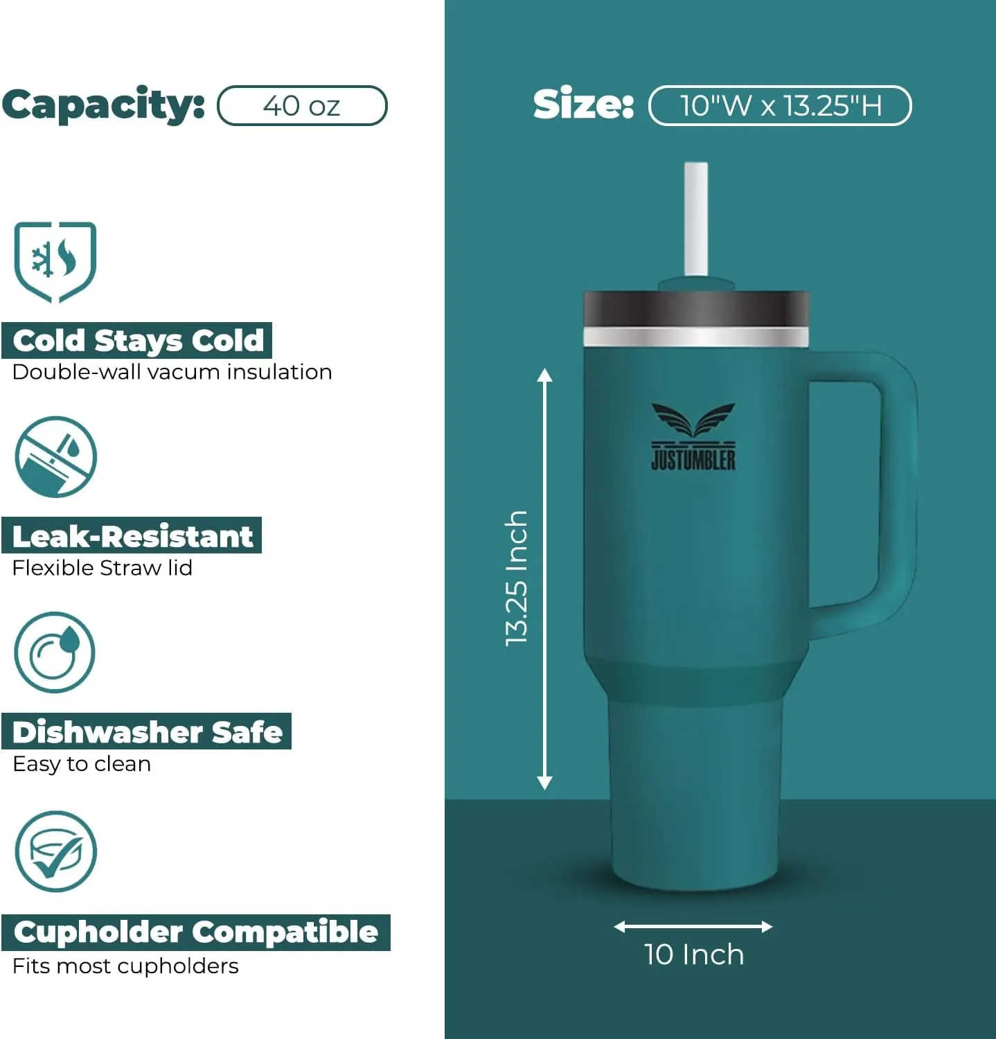 40 Oz Tumbler with Handle - Leak Proof Insulated Tumbler with Straw & Lid - BPA-free Stainless Steel Tumbler includes Silicone Boot, 3 Straws, 2 Straw Caps, & Cleaning Brush - Blue Spruce