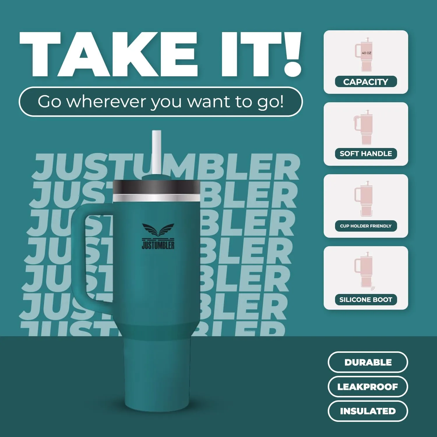 40 Oz Tumbler with Handle - Leak Proof Insulated Tumbler with Straw & Lid - BPA-free Stainless Steel Tumbler includes Silicone Boot, 3 Straws, 2 Straw Caps, & Cleaning Brush - Blue Spruce
