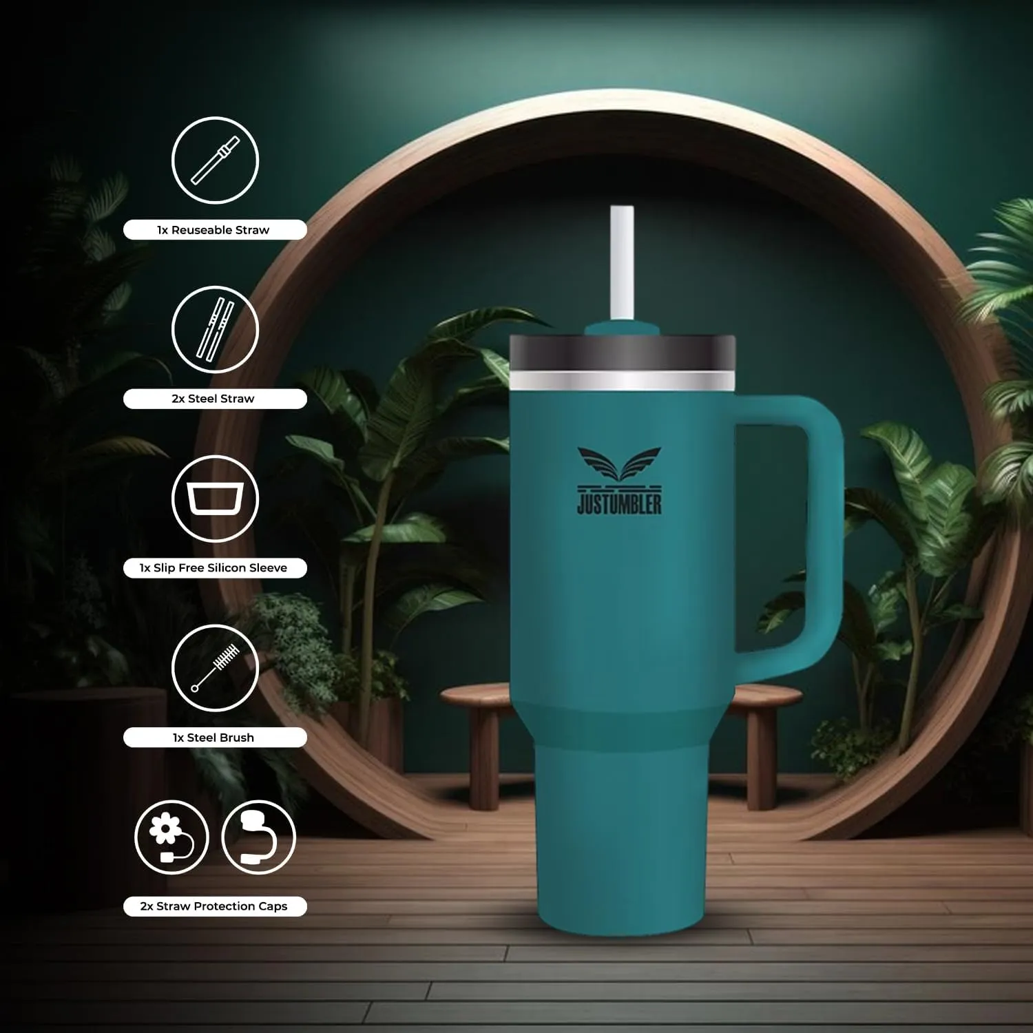 40 Oz Tumbler with Handle - Leak Proof Insulated Tumbler with Straw & Lid - BPA-free Stainless Steel Tumbler includes Silicone Boot, 3 Straws, 2 Straw Caps, & Cleaning Brush - Blue Spruce