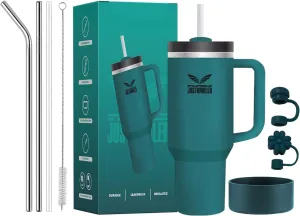 40 Oz Tumbler with Handle - Leak Proof Insulated Tumbler with Straw & Lid - BPA-free Stainless Steel Tumbler includes Silicone Boot, 3 Straws, 2 Straw Caps, & Cleaning Brush - Blue Spruce