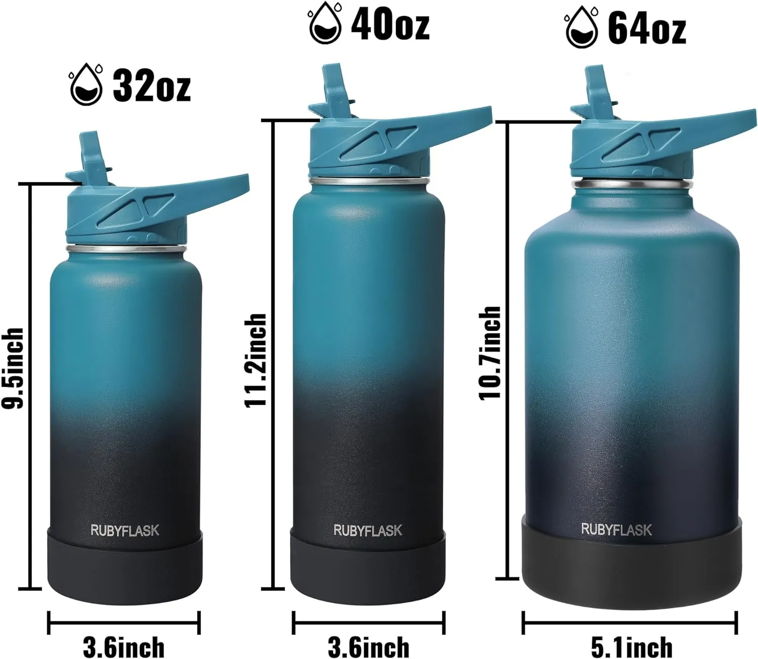 40oz Insulated Water Bottle with Straw, Stainless Steel Metal Vacuum Water Flask, Large Thermos Water bottle with Leakproof 3 Lids for Travel, Camping, Gym Sports Black Gray