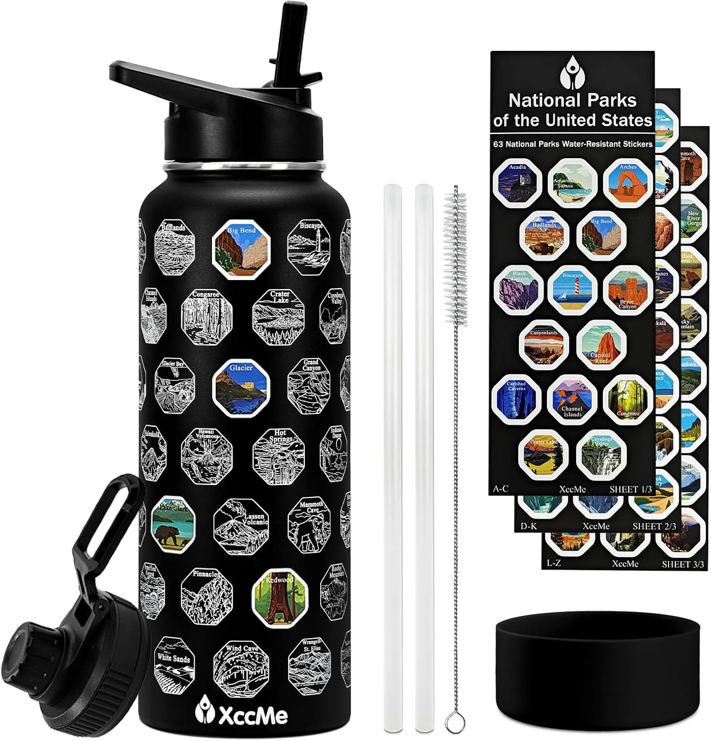 40oz National Parks Insulated Stainless Steel Water Bottle with 2 Lids, Straws, Silicone Boot, Waterproof Stickers, Travel Vacuum Sealed Metal Bottle, Leak Proof (Black)