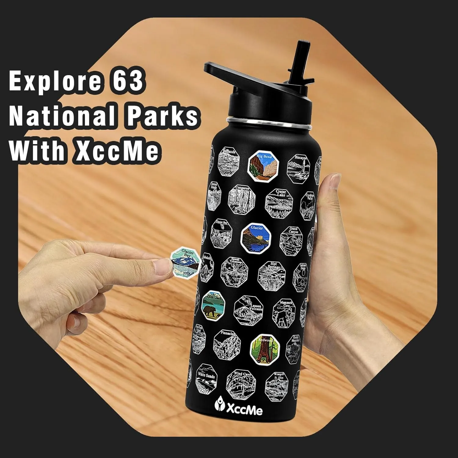 40oz National Parks Insulated Stainless Steel Water Bottle with 2 Lids, Straws, Silicone Boot, Waterproof Stickers, Travel Vacuum Sealed Metal Bottle, Leak Proof (Black)