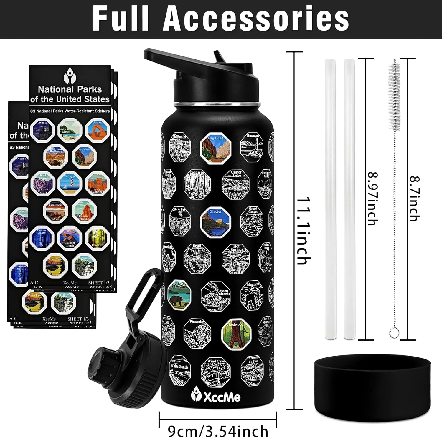 40oz National Parks Insulated Stainless Steel Water Bottle with 2 Lids, Straws, Silicone Boot, Waterproof Stickers, Travel Vacuum Sealed Metal Bottle, Leak Proof (Black)