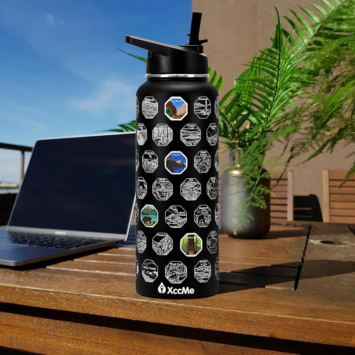 40oz National Parks Insulated Stainless Steel Water Bottle with 2 Lids, Straws, Silicone Boot, Waterproof Stickers, Travel Vacuum Sealed Metal Bottle, Leak Proof (Black)