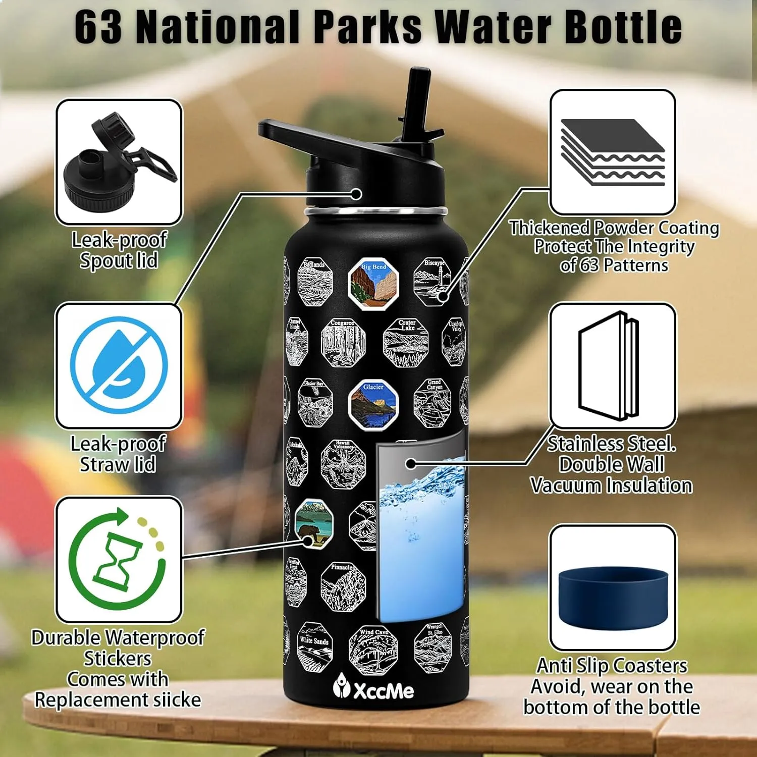 40oz National Parks Insulated Stainless Steel Water Bottle with 2 Lids, Straws, Silicone Boot, Waterproof Stickers, Travel Vacuum Sealed Metal Bottle, Leak Proof (Black)