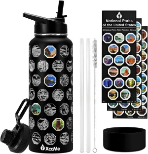 40oz National Parks Insulated Stainless Steel Water Bottle with 2 Lids, Straws, Silicone Boot, Waterproof Stickers, Travel Vacuum Sealed Metal Bottle, Leak Proof (Black)