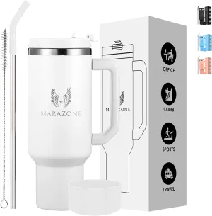 40oz Stainless Steel Double Wall Vacuum Insulated Tumbler with Handle for Coffee, Tea, Water. Stainless Steel straw, straw cleaning brush and Removable Silicone boot included- Pure White