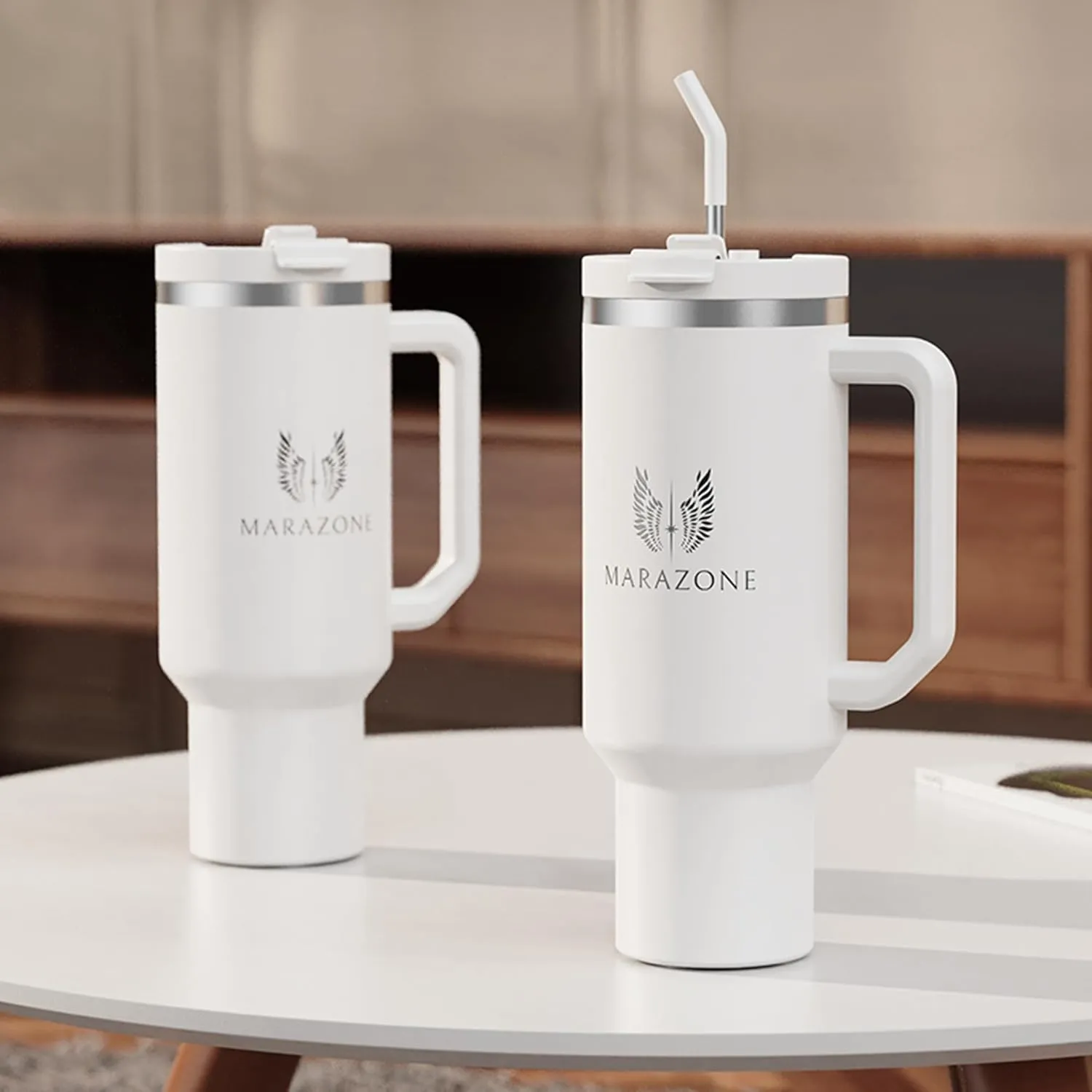 40oz Stainless Steel Double Wall Vacuum Insulated Tumbler with Handle for Coffee, Tea, Water. Stainless Steel straw, straw cleaning brush and Removable Silicone boot included- Pure White