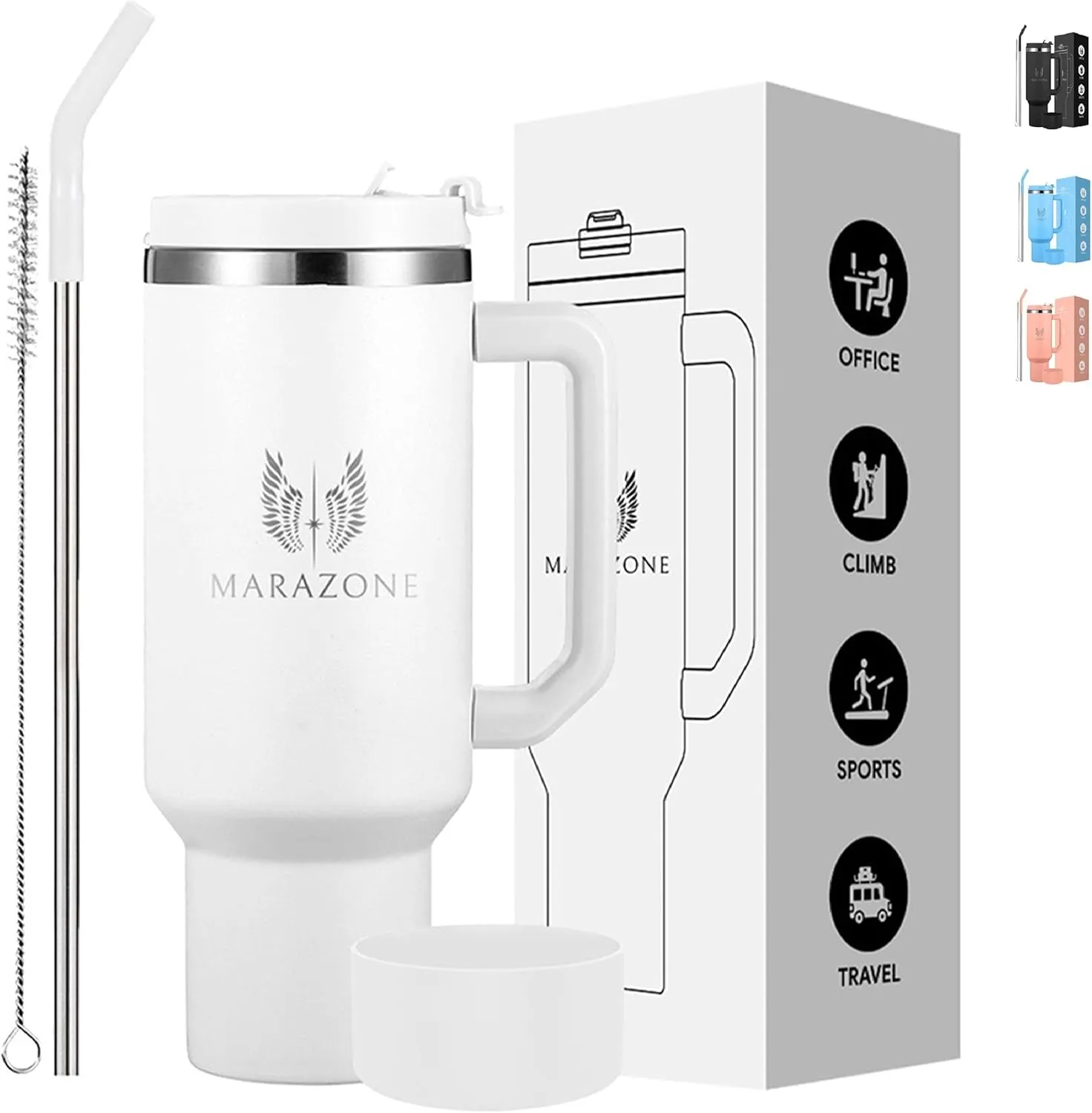 40oz Stainless Steel Double Wall Vacuum Insulated Tumbler with Handle for Coffee, Tea, Water. Stainless Steel straw, straw cleaning brush and Removable Silicone boot included- Pure White