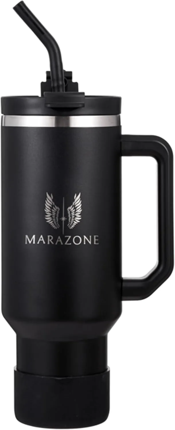 40oz Stainless Steel Double wall Vacuum Insulated Tumbler with Handle for Coffee, Tea, Water. Stainless Steel straw, straw cleaning brush and Removable Silicone bottom cover included- Black