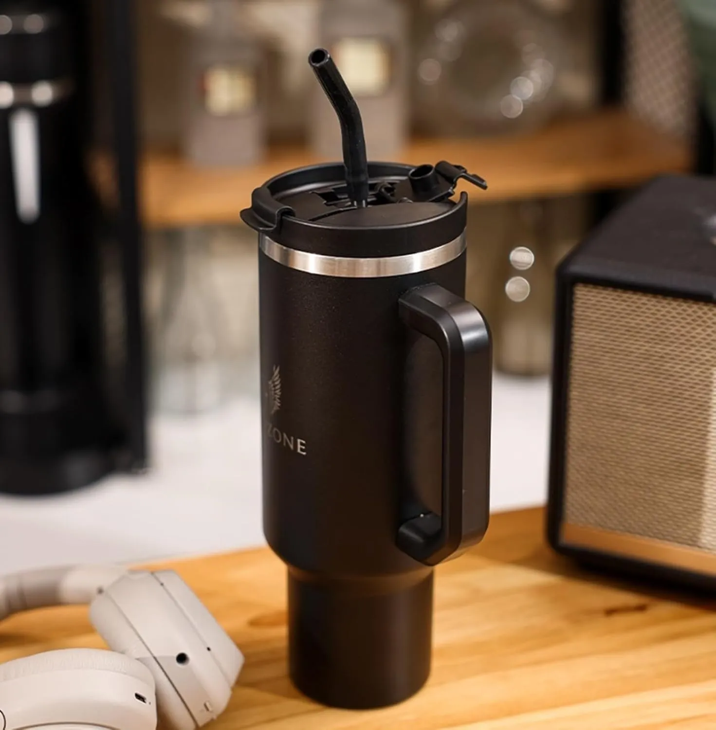 40oz Stainless Steel Double wall Vacuum Insulated Tumbler with Handle for Coffee, Tea, Water. Stainless Steel straw, straw cleaning brush and Removable Silicone bottom cover included- Black