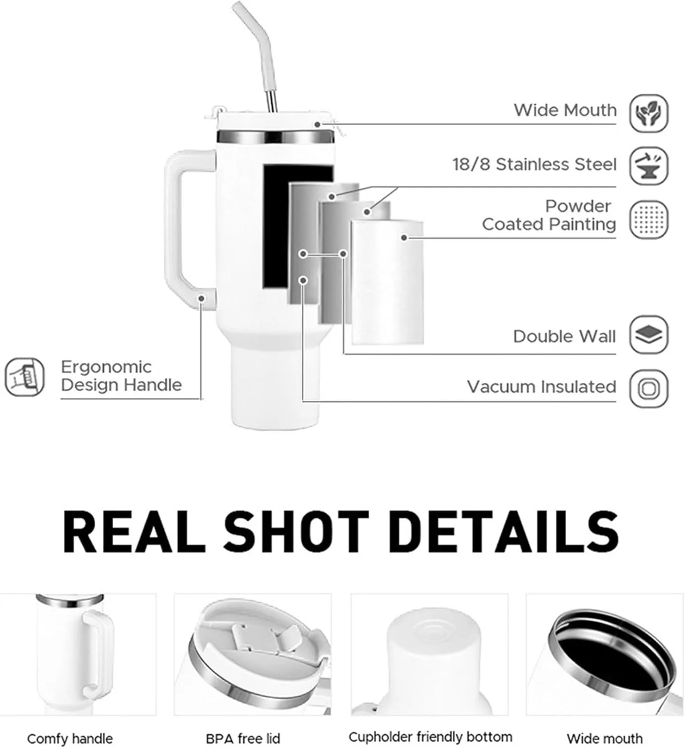 40oz Stainless Steel Double wall Vacuum Insulated Tumbler with Handle for Coffee, Tea, Water. Stainless Steel straw, straw cleaning brush and Removable Silicone bottom cover included- Black