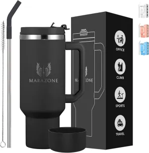 40oz Stainless Steel Double wall Vacuum Insulated Tumbler with Handle for Coffee, Tea, Water. Stainless Steel straw, straw cleaning brush and Removable Silicone bottom cover included- Black