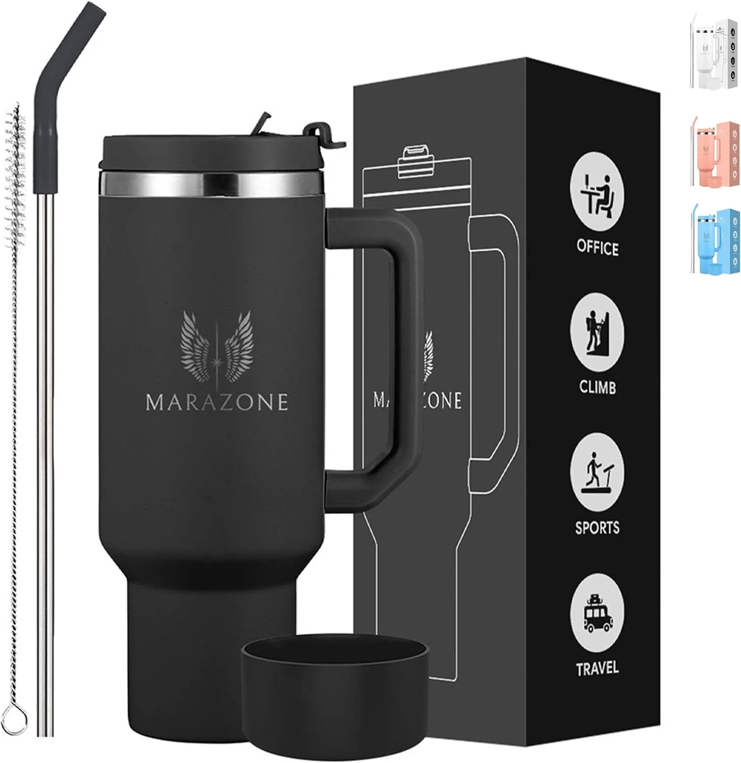 40oz Stainless Steel Double wall Vacuum Insulated Tumbler with Handle for Coffee, Tea, Water. Stainless Steel straw, straw cleaning brush and Removable Silicone bottom cover included- Black
