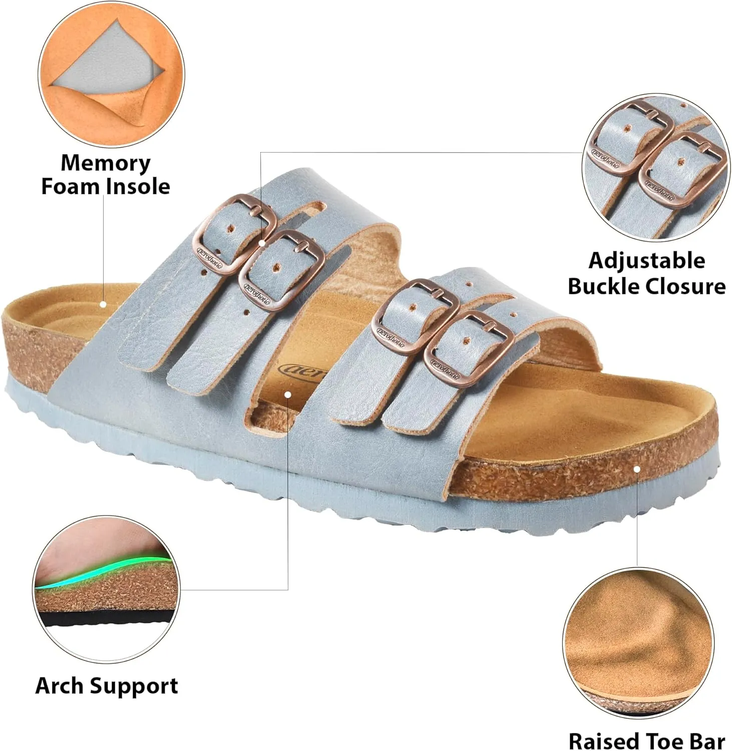 AEROTHOTIC Arch Support Recovery Slides for Women Comfy Memory Foam Cork Footbed Double Straps with Adjustable Buckle Slip on Beach Dressy Outdoor Ladies Sandals