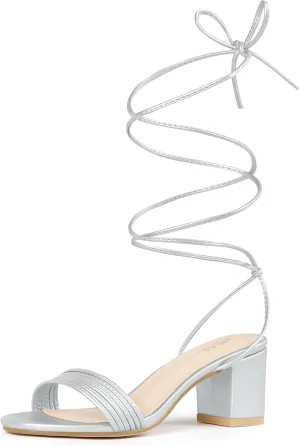 Allegra K Women's Sparkle Strappy Lace Up Block Heels Sandals