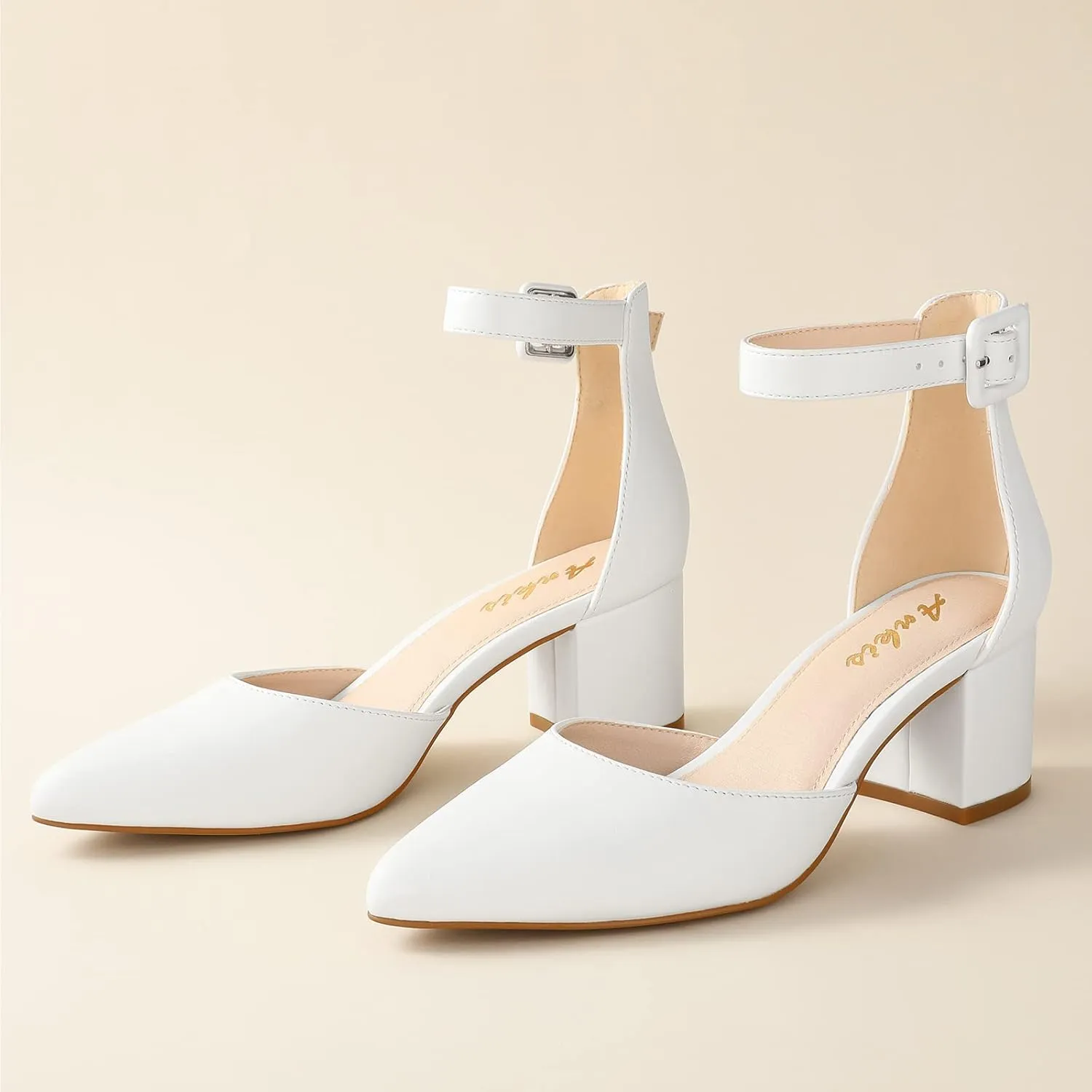 Ankis Closed Toe Heels for Women -Black Nude Gold Silver Pointed Toe Heels Low Block Chunky Women Pumps with Ankle Strap -2.25 Inch