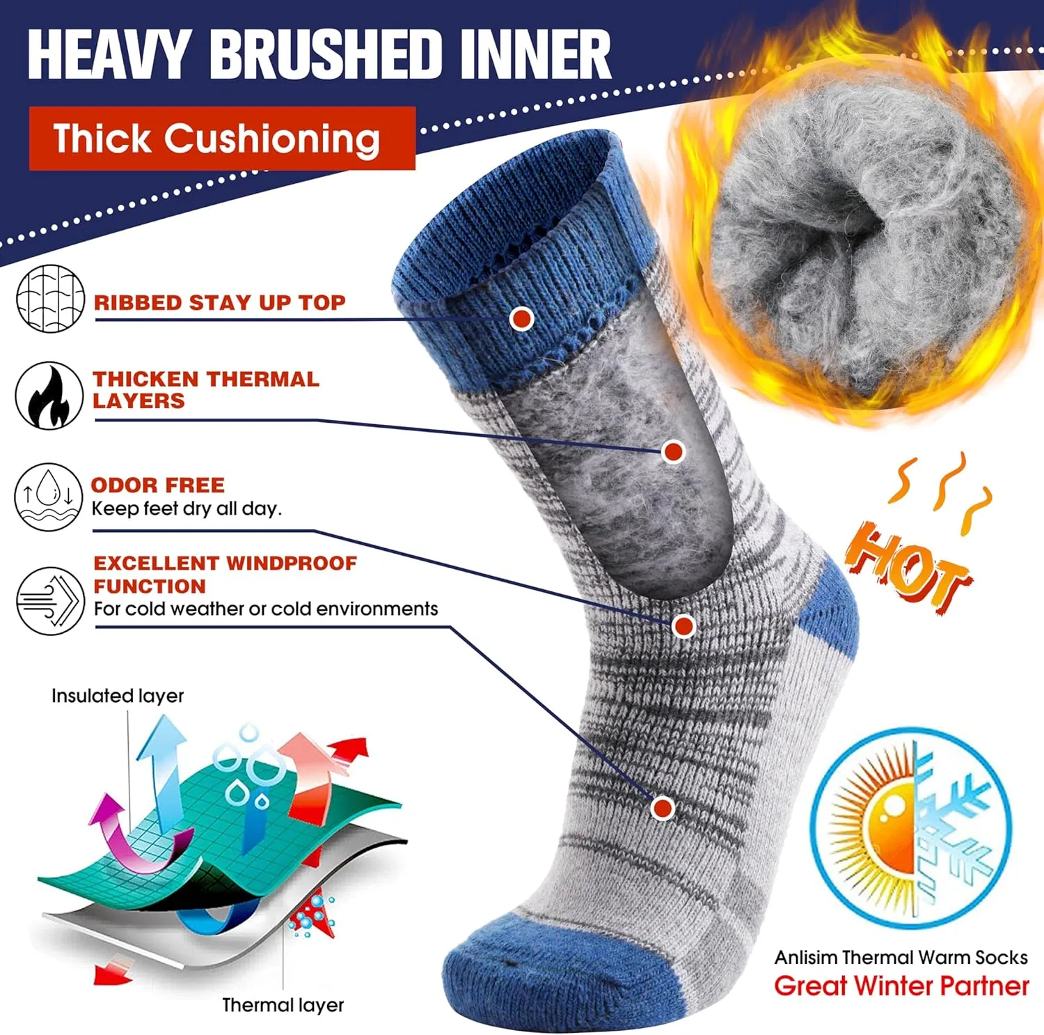 Anlisim Thermal Winter Warm Socks 3 Pairs for Men Women Extra Thick Insulated Ski Crew Boot Socks for Extreme Cold Weather