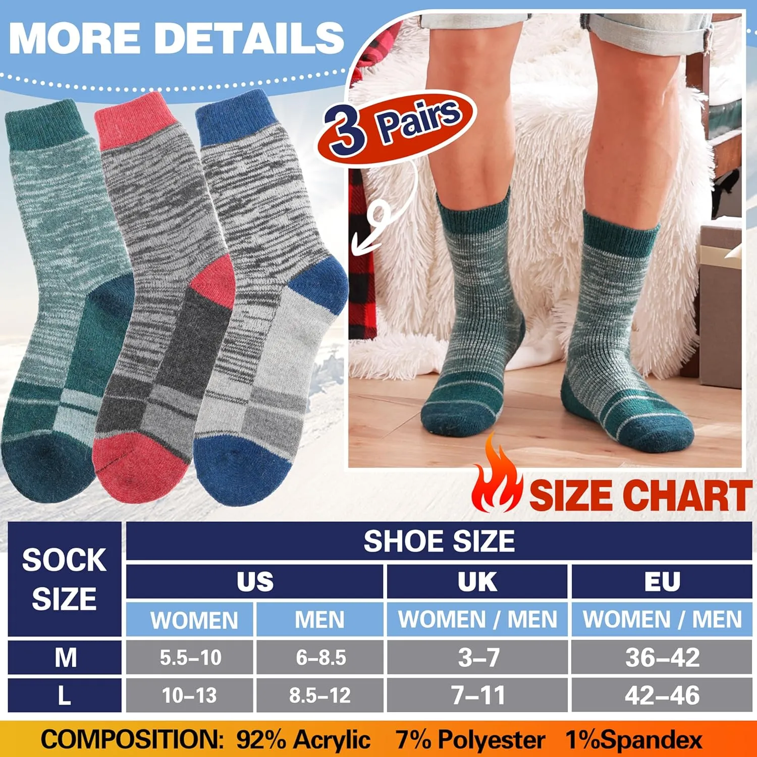 Anlisim Thermal Winter Warm Socks 3 Pairs for Men Women Extra Thick Insulated Ski Crew Boot Socks for Extreme Cold Weather