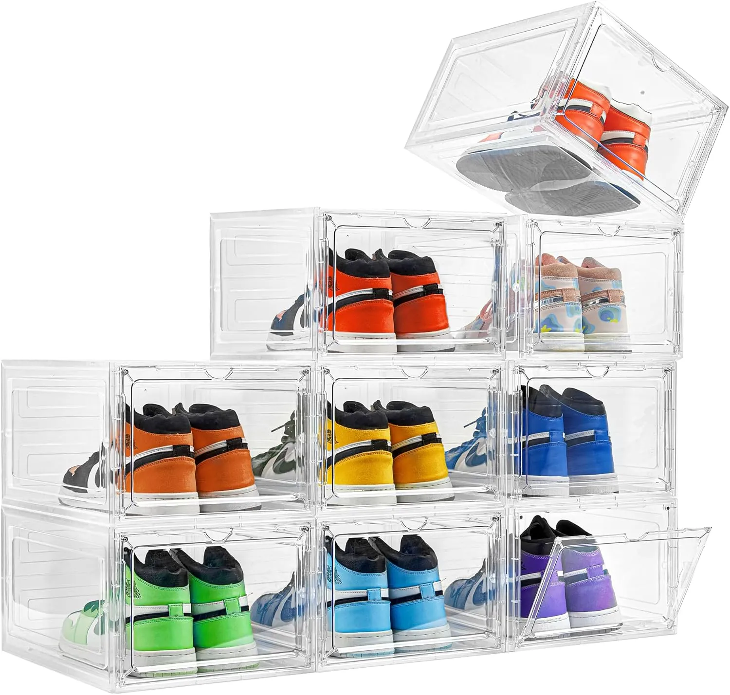 Attelite Upgraded Shoe Storage Box 9 Pack Shoe Box Clear Plastic Stackable X-Large Drop Front Shoe Box with Clear Magnetic Door,Shoe Organizer and Shoe Containers For Sneaker Display