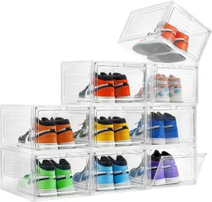 Attelite Upgraded Shoe Storage Box 9 Pack Shoe Box Clear Plastic Stackable X-Large Drop Front Shoe Box with Clear Magnetic Door,Shoe Organizer and Shoe Containers For Sneaker Display