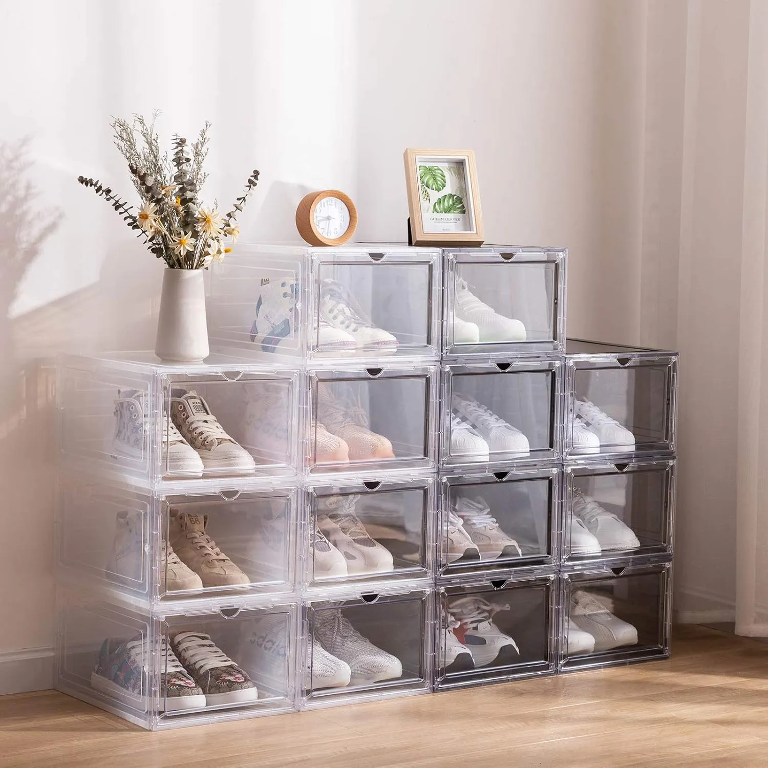 Attelite Upgraded Shoe Storage Box 9 Pack Shoe Box Clear Plastic Stackable X-Large Drop Front Shoe Box with Clear Magnetic Door,Shoe Organizer and Shoe Containers For Sneaker Display