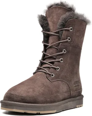 AU&MU Womens Leather Sheepskin Classic Lace up Mid Calf Flat Fur Winter Snow Boot Chocolate Size 9