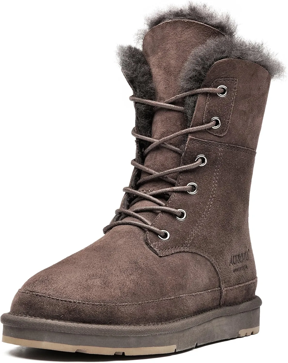 AU&MU Womens Leather Sheepskin Classic Lace up Mid Calf Flat Fur Winter Snow Boot Chocolate Size 9