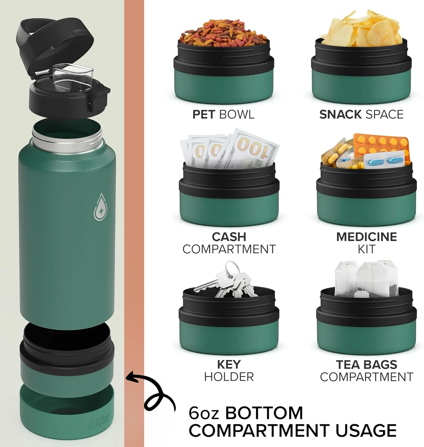 AUStar 26oz Sports Insulated Water Bottle with Hidden Storage, Hot and Cold Water Bottle, BPA-free and Lead-Free, with 3 Lid Option and a Silicone Boot (Matcha), AUBC005