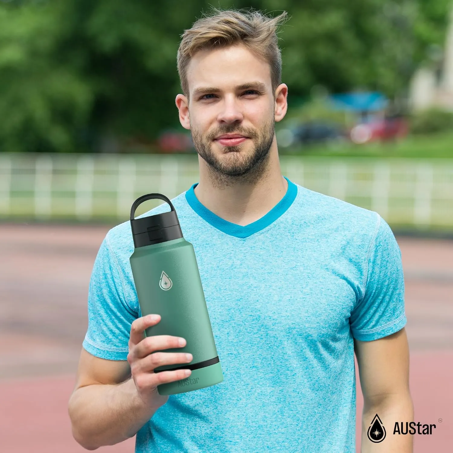 AUStar 26oz Sports Insulated Water Bottle with Hidden Storage, Hot and Cold Water Bottle, BPA-free and Lead-Free, with 3 Lid Option and a Silicone Boot (Matcha), AUBC005