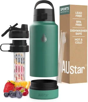 AUStar 26oz Sports Insulated Water Bottle with Hidden Storage, Hot and Cold Water Bottle, BPA-free and Lead-Free, with 3 Lid Option and a Silicone Boot (Matcha), AUBC005