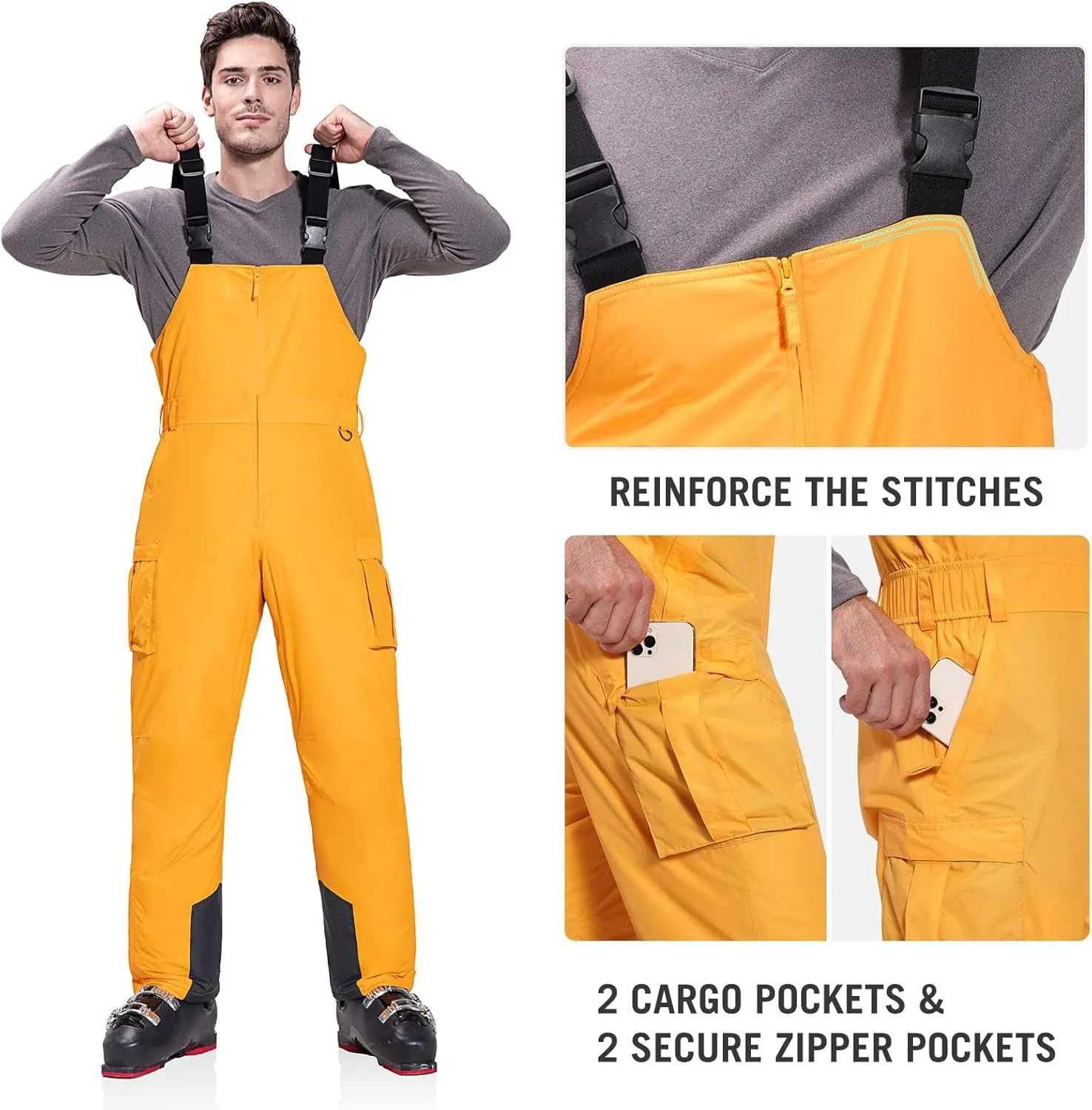 baleaf Men's Ski Bibs Insulated Waterproof Coveralls Overalls Cargo Pockets Ripstops Snow Pants Warm Skiing Suits Ice Work