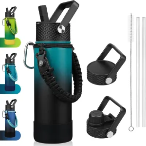 BJPKPK Insulated Water Bottle with Straw Lid, 22oz Thermos Water Bottles with 3 Lids, Paracord Handle & Non-slip Boot, BPA Free Leak Proof Stainless Steel Tumblers,Army Green & Black