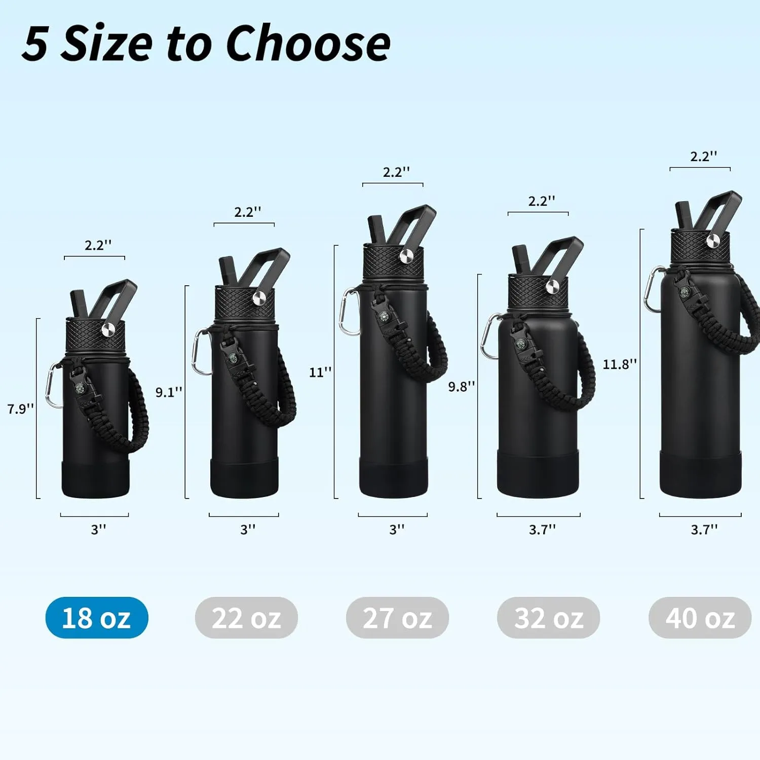 BJPKPK Water Bottle with Straw Lid, 18oz Insulated Water Bottles with 3 Lids, Paracord Handle & Non-slip Boot, Metal Stainless Steel Thermos, BPA Free Leak Proof Cups, Tumblers,Black